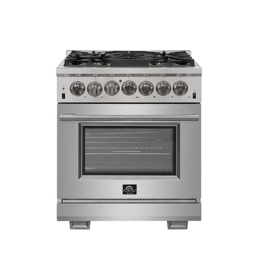 Forno 5-Piece Pro Appliance Package - 30-Inch Dual Fuel Range, Refrigerator with Water Dispenser, Wall Mount Hood with Backsplash, Microwave Drawer, & 3-Rack Dishwasher in Stainless Steel FORNO