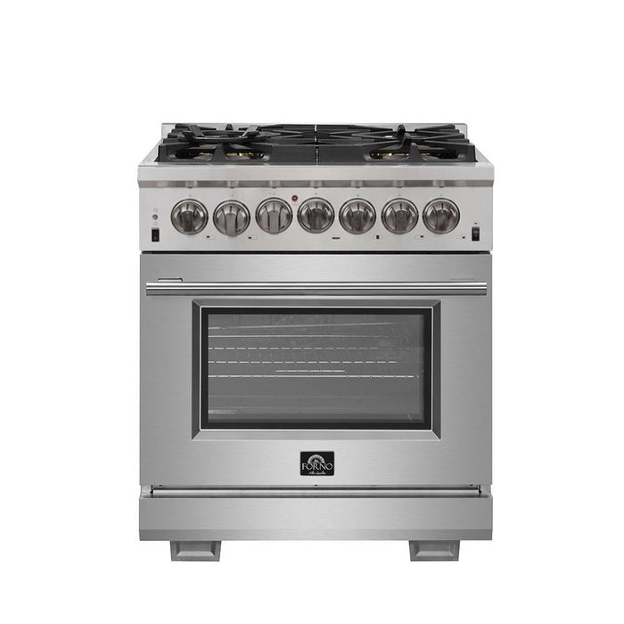 Forno 5-Piece Pro Appliance Package - 30-Inch Dual Fuel Range, Refrigerator with Water Dispenser, Wall Mount Hood with Backsplash, Microwave Drawer, & 3-Rack Dishwasher in Stainless Steel FORNO