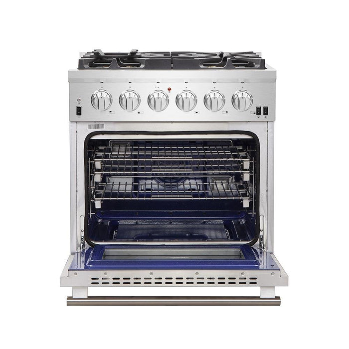 Forno 5-Piece Pro Appliance Package - 30-Inch Gas Range, Refrigerator, Wall Mount Hood, Microwave Drawer, & 3-Rack Dishwasher in Stainless Steel FORNO