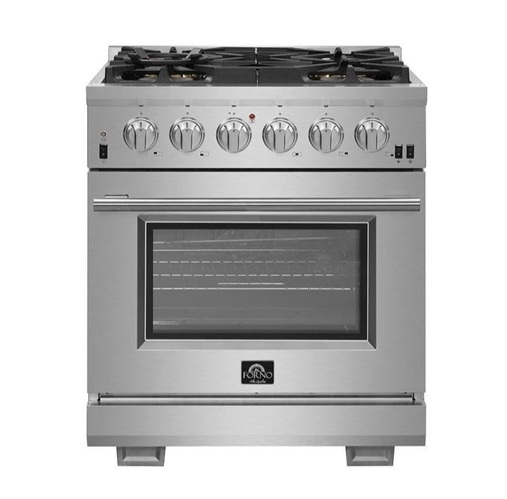 Forno 5-Piece Pro Appliance Package - 30-Inch Gas Range, Refrigerator, Wall Mount Hood, Microwave Drawer, & 3-Rack Dishwasher in Stainless Steel FORNO