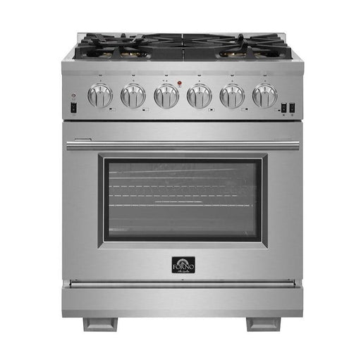 Forno 3-Piece Pro Appliance Package - 30-Inch Gas Range, Refrigerator, & Wall Mount Hood with Backsplash in Stainless Steel FORNO