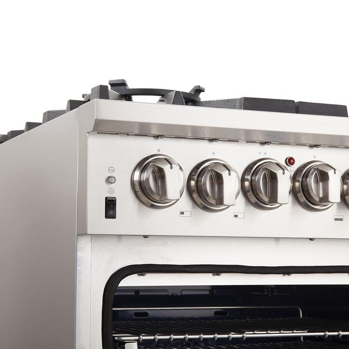 Forno 5-Piece Pro Appliance Package - 30-Inch Gas Range, Refrigerator, Wall Mount Hood, Microwave Drawer, & 3-Rack Dishwasher in Stainless Steel FORNO