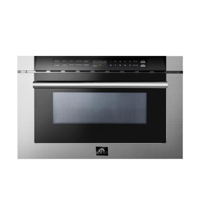 Forno 5-Piece Pro Appliance Package - 30-Inch Gas Range, Refrigerator, Wall Mount Hood, Microwave Drawer, & 3-Rack Dishwasher in Stainless Steel FORNO