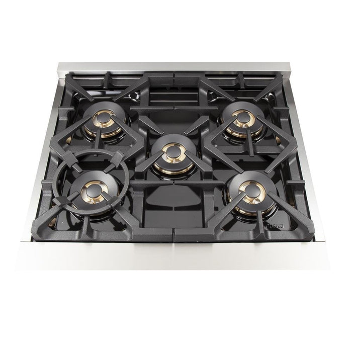 Forno 5-Piece Pro Appliance Package - 30-Inch Gas Range, Refrigerator, Wall Mount Hood, Microwave Drawer, & 3-Rack Dishwasher in Stainless Steel FORNO