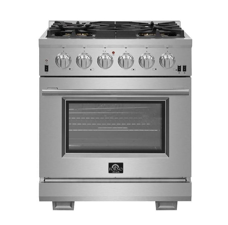 Forno 4-Piece Pro Appliance Package - 30-Inch Gas Range, 36-Inch Refrigerator Wall Mount Hood, & 3-Rack Dishwasher in Stainless Steel