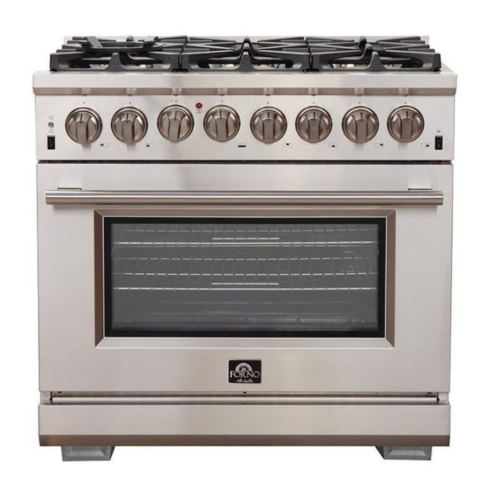 Forno 5-Piece Pro Appliance Package - 36-Inch Dual Fuel Range, Refrigerator with Water Dispenser, Wall Mount Hood, Microwave Drawer, & 3-Rack Dishwasher in Stainless Steel FORNO