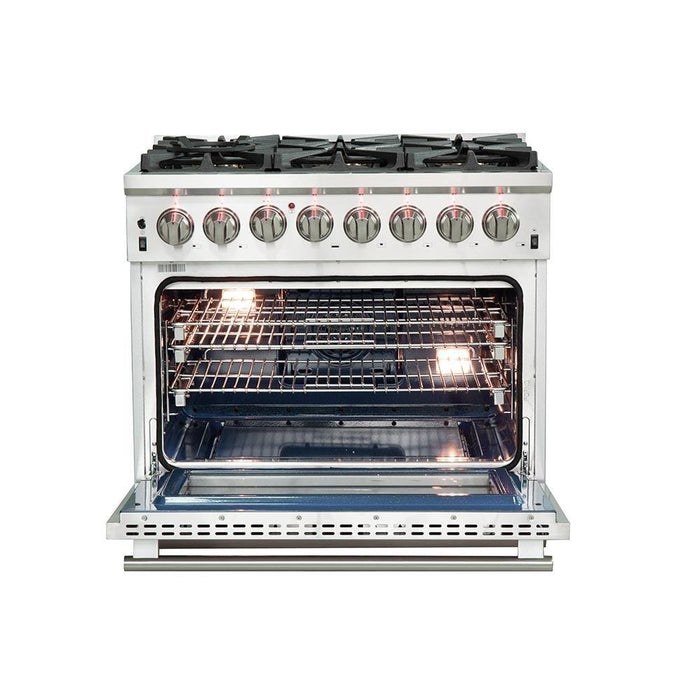 Forno 5-Piece Pro Appliance Package - 36-Inch Dual Fuel Range, Refrigerator with Water Dispenser, Wall Mount Hood, Microwave Drawer, & 3-Rack Dishwasher in Stainless Steel FORNO