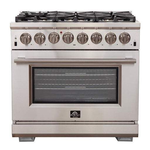 Forno 5-Piece Pro Appliance Package - 36-Inch Dual Fuel Range, Refrigerator, Wall Mount Hood with Backsplash, Microwave Oven, & 3-Rack Dishwasher in Stainless Steel FORNO