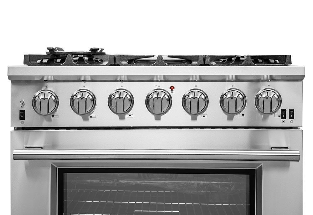 Forno 5-Piece Pro Appliance Package - 36-Inch Gas Range, Refrigerator, Wall Mount Hood, Microwave Drawer, & 3-Rack Dishwasher in Stainless Steel FORNO
