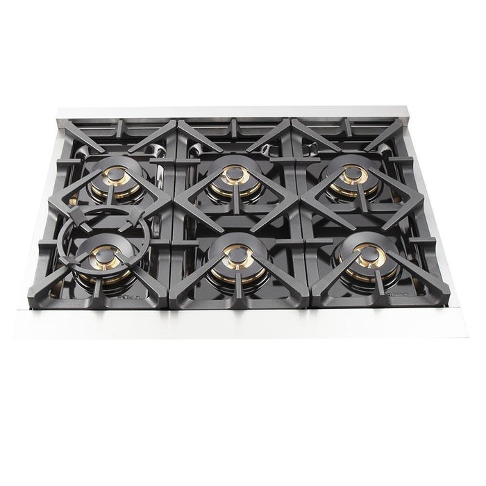 Forno 5-Piece Pro Appliance Package - 36-Inch Gas Range, Refrigerator, Wall Mount Hood, Microwave Drawer, & 3-Rack Dishwasher in Stainless Steel FORNO
