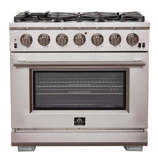 Forno 5-Piece Pro Appliance Package - 36-Inch Gas Range, Refrigerator, Wall Mount Hood, Microwave Drawer, & 3-Rack Dishwasher in Stainless Steel FORNO