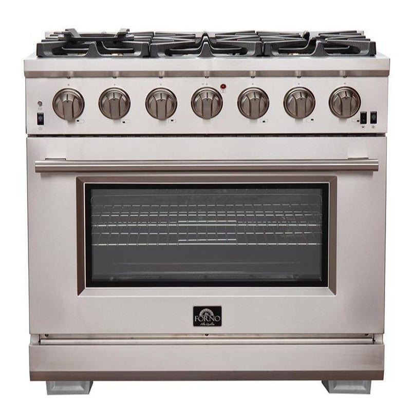 Forno 5-Piece Pro Appliance Package - 36-Inch Gas Range, Refrigerator, Wall Mount Hood, Microwave Drawer, & 3-Rack Dishwasher in Stainless Steel