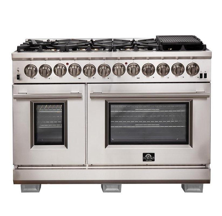 Forno 5-Piece Pro Appliance Package - 48-Inch Dual Fuel Range, Refrigerator, Wall Mount Hood, Microwave Drawer, & 3-Rack Dishwasher in Stainless Steel FORNO