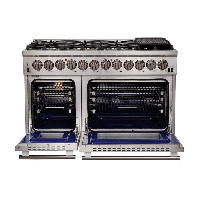 Forno 5-Piece Pro Appliance Package - 48-Inch Dual Fuel Range, Refrigerator, Wall Mount Hood, Microwave Drawer, & 3-Rack Dishwasher in Stainless Steel FORNO
