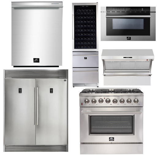 Forno Appliace Package - 36 Inch Dual Fuel Range, Wall Mount Range Hood, Refrigerator, Microwave Drawer, Dishwasher, AP-FFSGS6156-36-8 FORNO