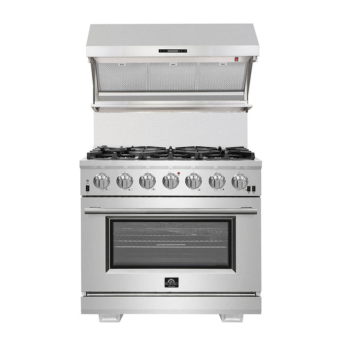Forno Appliace Package - 36 Inch Dual Fuel Range, Wall Mount Range Hood, Refrigerator, Microwave Drawer, Dishwasher, AP-FFSGS6156-36-8 FORNO
