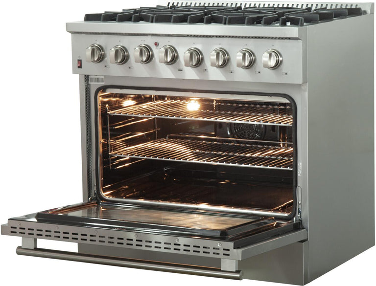 Forno Appliace Package - 36 Inch Dual Fuel Range, Wall Mount Range Hood, Refrigerator, Microwave Drawer, Dishwasher, AP-FFSGS6156-36-8 FORNO