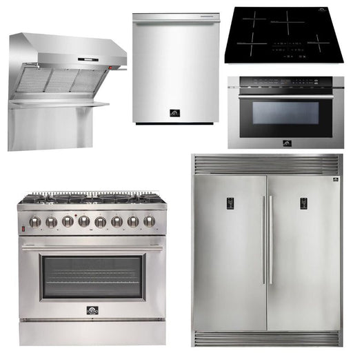 Forno Appliance Package - 36 Inch Dual Fuel Range, Range Hood, Refrigerator, Microwave Drawer, Dishwasher, Cooktop, FCTIN-FFSGS6156-36 FORNO