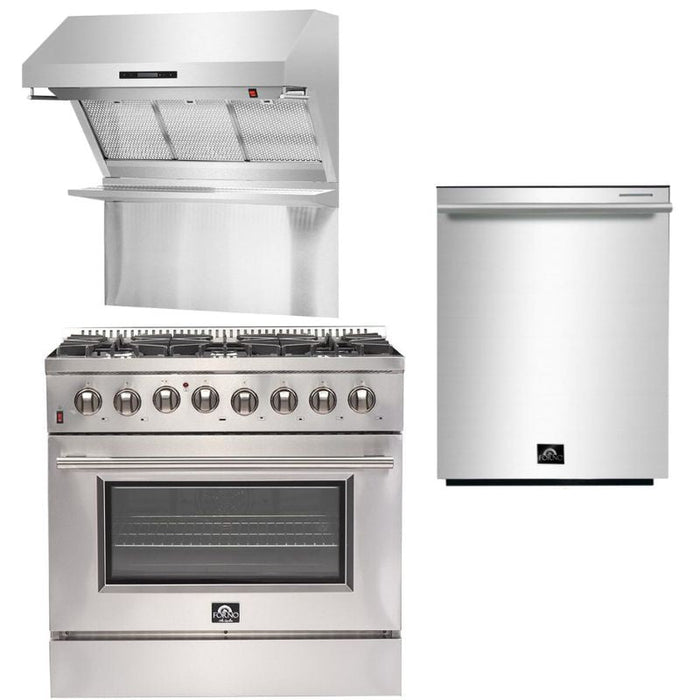 Forno Appliance Package - 36 Inch Dual Fuel Range, Wall Mount Range Hood, Dishwasher, FDWB-FFSGS6156-36 FORNO