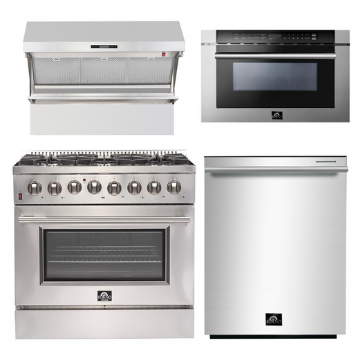 Forno Appliance Package - 36 Inch Dual Fuel Range, Wall Mount Range Hood, Microwave Drawer, Dishwasher, AP-FFSGS6156-36-6 FORNO