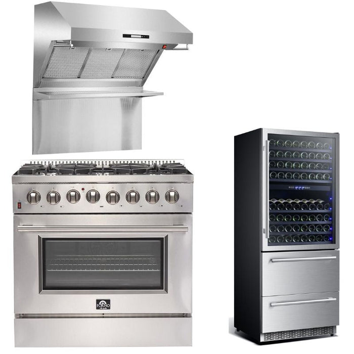 Forno Appliance Package - 36 Inch Dual Fuel Range, Wall Mount Range Hood, Wine Cooler, FWCDR-FFSGS6156-36 FORNO