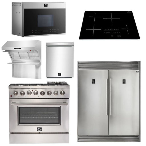 Forno Appliance Package - 36 Inch Gas Range, Range Hood, Refrigerator, Microwave Drawer, Dishwasher, Cook Top, FCTIN-FFSGS6244-36 FORNO