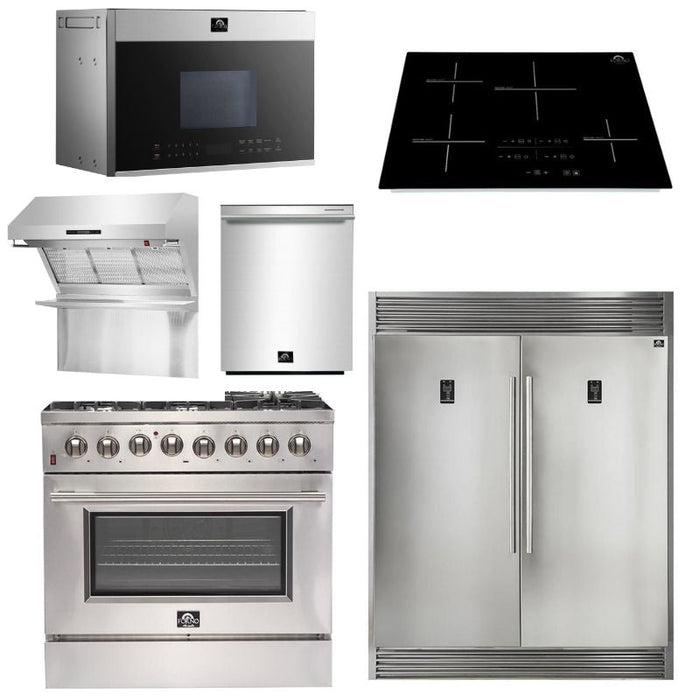Forno Appliance Package - 36 Inch Gas Range, Range Hood, Refrigerator, Microwave Drawer, Dishwasher, Cook Top, FCTIN-FFSGS6244-36 FORNO