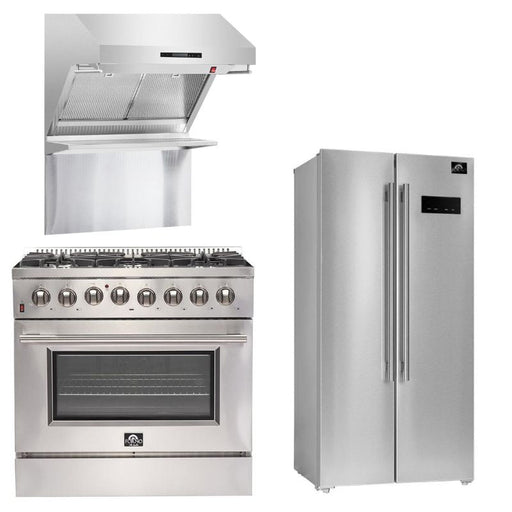 Forno Appliance Package - 36 Inch Gas Range, Wall Mount Range Hood, 33" Built-In Refrigerator, FFRBI-FFSGS6244-36 FORNO