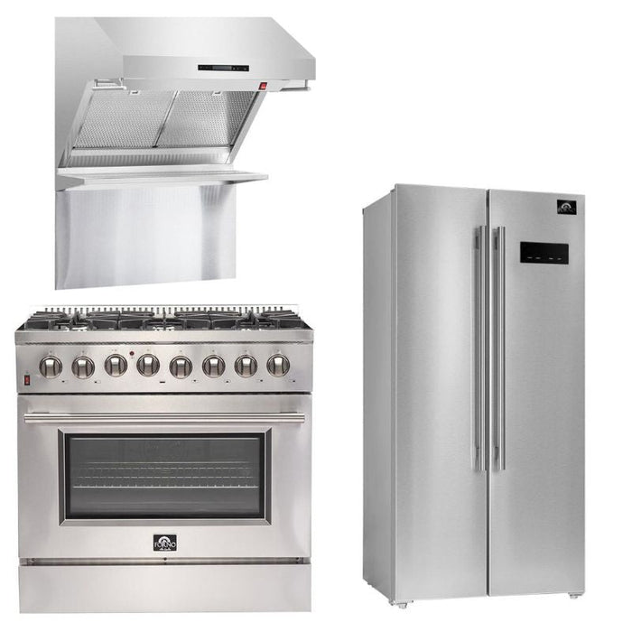 Forno Appliance Package - 36 Inch Gas Range, Wall Mount Range Hood, 33" Built-In Refrigerator, FFRBI-FFSGS6244-36 FORNO