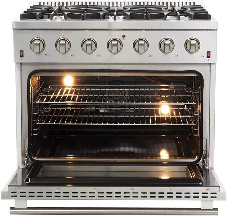 Forno Appliance Package - 36 Inch Gas Range, Wall Mount Range Hood, 33" Built-In Refrigerator, FFRBI-FFSGS6244-36 FORNO