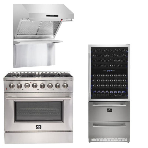 Forno Appliance Package - 36 Inch Gas Range, Wall Mount Range Hood, Microwave Drawer, 6661-FFSGS6244-36 FORNO