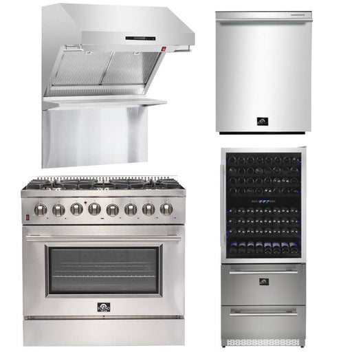 Forno Appliance Package - 36 Inch Gas Range, Wall Mount Range Hood, Microwave Drawer, Dishwasher, FWCDR-FRHWM5029-36 FORNO