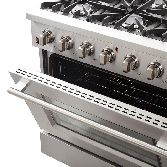 Forno Appliance Package - 36 Inch Gas Range, Wall Mount Range Hood, Microwave Drawer, Dishwasher, FWCDR-FRHWM5029-36 FORNO