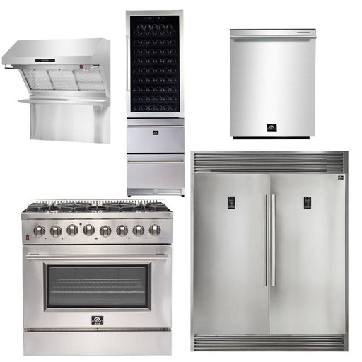 Forno Appliance Package - 36 Inch Gas Range, Wall Mount Range Hood, Refrigerator, Wine Cooler, Dishwasher, FWCDR-FFSGS6244-36 FORNO