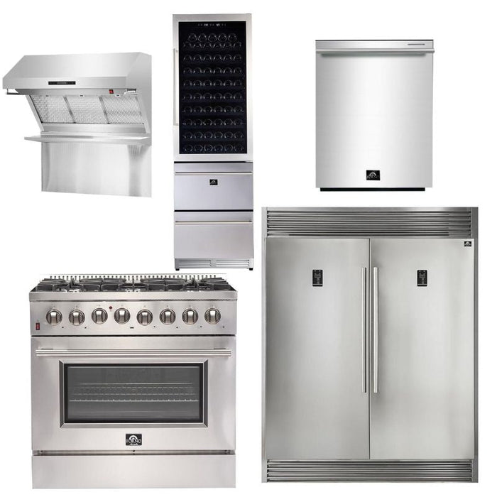 Forno Appliance Package - 36 Inch Gas Range, Wall Mount Range Hood, Refrigerator, Wine Cooler, Dishwasher, FWCDR-FFSGS6244-36 FORNO
