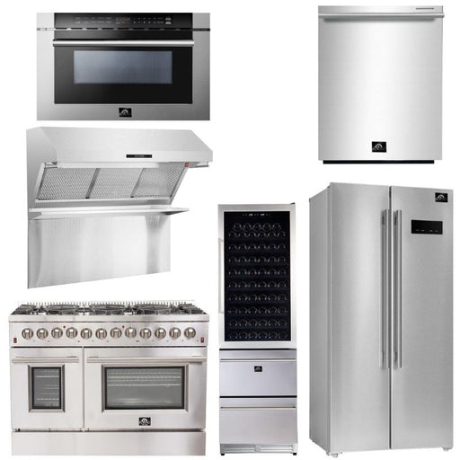Forno Appliance Package - 48 Inch Dual Fuel Range, Range Hood, Built-In Refrigerator, Microwave Drawer, Dishwasher, Wine Cooler, 33SB-FFSGS6156-48 FORNO