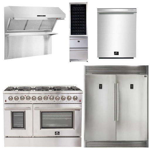 Forno Appliance Package - 48 Inch Dual Fuel Range, Wall Mount Range Hood, Refrigerator, Wine Cooler, Dishwasher, FWCDR-FFSGS6156-48 FORNO
