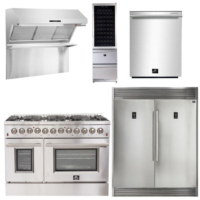 Forno Appliance Package - 48 Inch Dual Fuel Range, Wall Mount Range Hood, Refrigerator, Wine Cooler, Dishwasher, FWCDR-FFSGS6156-48 FORNO
