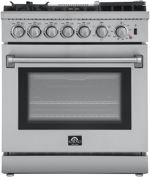 FORNO Lazio 30" Dual Fuel Range with 5 Burners, Air Fryer, Steam Cleaning, and Griddle FFSGS6196-30