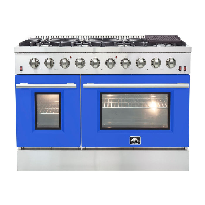 Forno 48" Galiano Freestanding Gas Range with 8 Gas Burners and 240v Electric Double Oven in Stainless Steel with Colored Doors - FFSGS6244-48RED/BLK/BLU/WHT FORNO