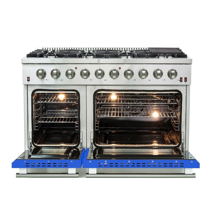 Forno 48" Galiano Freestanding Gas Range with 8 Gas Burners and 240v Electric Double Oven in Stainless Steel with Colored Doors - FFSGS6244-48RED/BLK/BLU/WHT FORNO