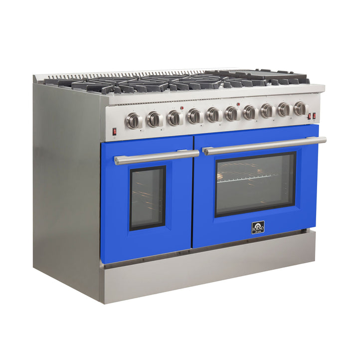 Forno 48" Galiano Freestanding Gas Range with 8 Gas Burners and 240v Electric Double Oven in Stainless Steel with Colored Doors - FFSGS6244-48RED/BLK/BLU/WHT FORNO