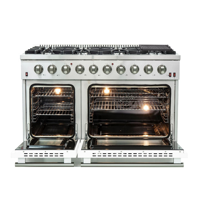 Forno 48" Galiano Freestanding Gas Range with 8 Gas Burners and 240v Electric Double Oven in Stainless Steel with Colored Doors - FFSGS6244-48RED/BLK/BLU/WHT FORNO