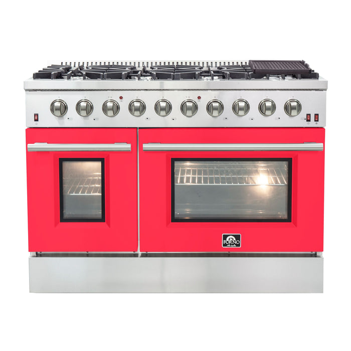 Forno 48" Galiano Freestanding Gas Range with 8 Gas Burners and 240v Electric Double Oven in Stainless Steel with Colored Doors - FFSGS6244-48RED/BLK/BLU/WHT FORNO