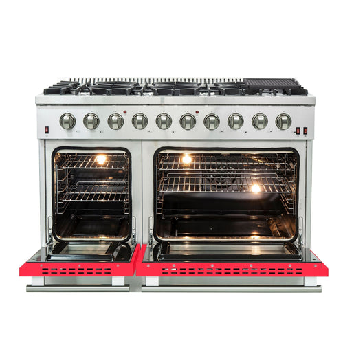 Forno 48" Galiano Freestanding Gas Range with 8 Gas Burners and 240v Electric Double Oven in Stainless Steel with Colored Doors - FFSGS6244-48RED/BLK/BLU/WHT FORNO