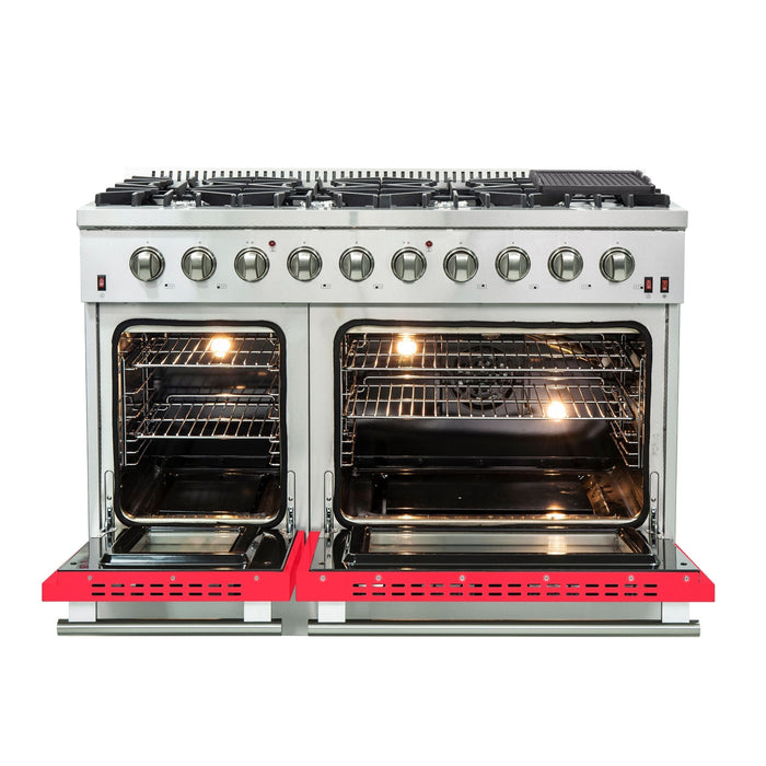 Forno 48" Galiano Freestanding Gas Range with 8 Gas Burners and 240v Electric Double Oven in Stainless Steel with Colored Doors - FFSGS6244-48RED/BLK/BLU/WHT FORNO