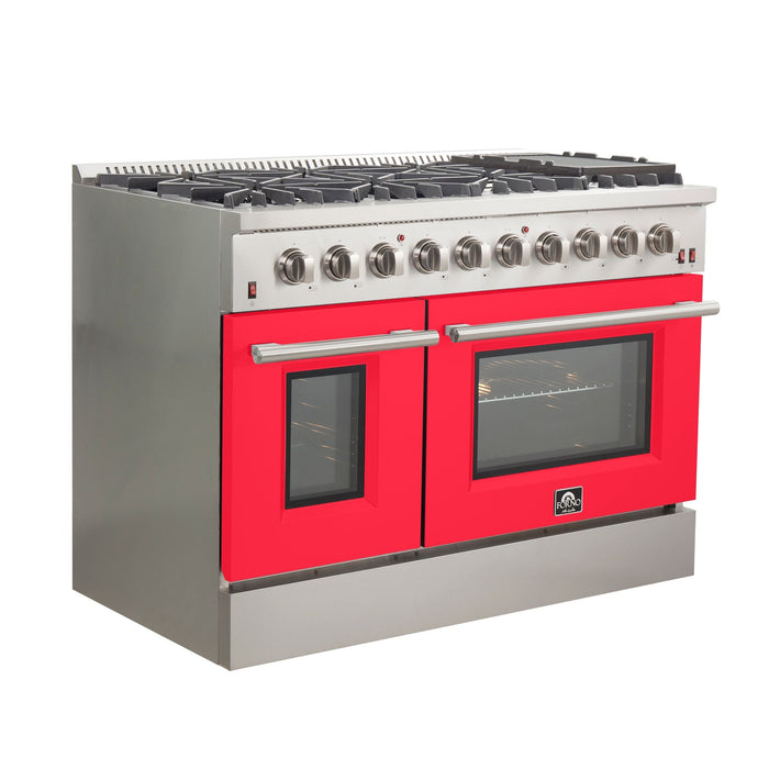 Forno 48" Galiano Freestanding Gas Range with 8 Gas Burners and 240v Electric Double Oven in Stainless Steel with Colored Doors - FFSGS6244-48RED/BLK/BLU/WHT FORNO