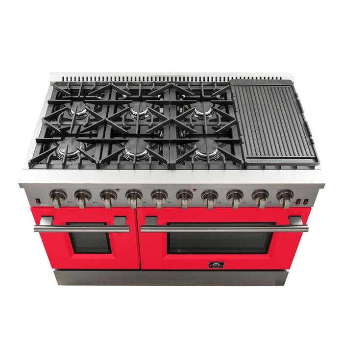 Forno 48" Galiano Freestanding Gas Range with 8 Gas Burners and 240v Electric Double Oven in Stainless Steel with Colored Doors - FFSGS6244-48RED/BLK/BLU/WHT FORNO