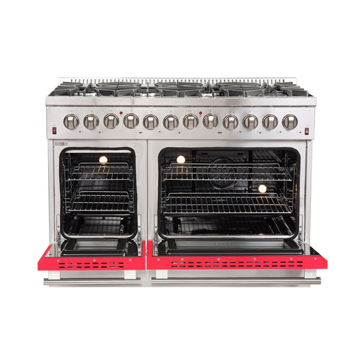 FORNO Galiano - Gold Professional 48" Freestanding Dual Fuel 240V Electric Colored Door Oven Range  FFSGS6156-48RED FORNO