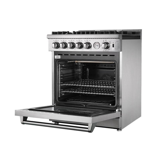 Forno 3-Piece Appliance Package - 30-Inch Gas Range, 56-Inch Pro-Style Refrigerator & Wall Mount Hood with Backsplash in Stainless Steel FORNO
